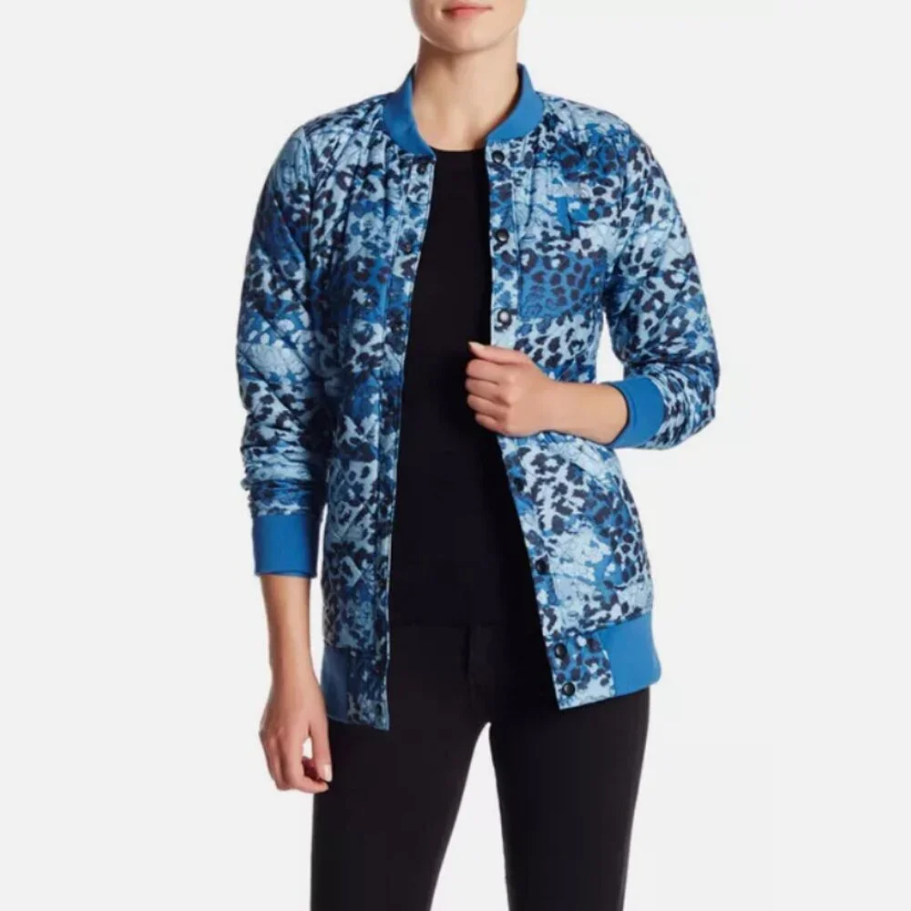 The North Face Anna Quilted Bomber Jacket Womens XS Blue Leopard Print Insulated